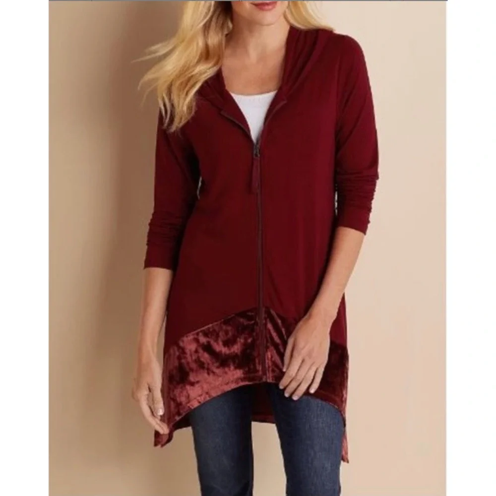 Soft Surroundings Jacket Petite Medium Red Hooded Zip Velvet Hem 3AA15